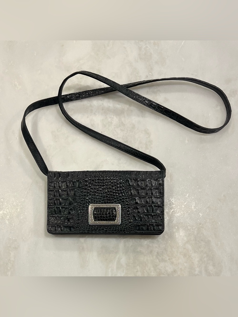 Brighton Vtg Croc Embossed Black Crossbody Purse Clutch Wallet Convertible Snap